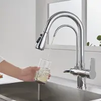 Unyqoos Robinet de cuisine 3-en-1 : douchette extractible et fonction de filtre à eau, corps en laiton massif, cartouche en céramique, tuyau de 45 cm, raccords 3/8" et 1/4"