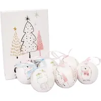 Unyqoos Ensemble de 6 boules de Noël décorées à la main – style découpage, papier laminé, avec ruban en tissu et boîte cadeau, pour une décoration de Noël classique
