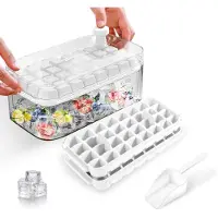 Unyqoos Ensemble de moules à glaçons avec système à bouton-poussoir, 2 x 32 compartiments, bac empilable avec couvercle, seau à glace et pelle, en ABS/PET/PP, sans BPA (23 x 12,5 x 9,5 cm)