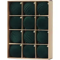 Unyqoos : Coffret de 12 boules de Noël en velours, diamètre 8 cm, couleur verte – boules en plastique incassables avec une surface veloutée, disponibles en 3 motifs (lisse, ondulé, rayé)
