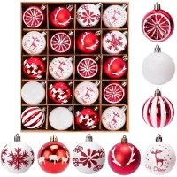 Unyqoos Ensemble de 20 boules de Noël incassables en plastique – rouge et blanc, brillantes et mates, avec des supports de suspension, décorations pour l'intérieur et l'extérieur