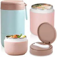 Unyqoos Ensemble de 2 tasses isothermes en acier inoxydable, portables, avec cuillère – Tasses isothermes pour les plats chauds et froids, avec couvercle anti-fuite