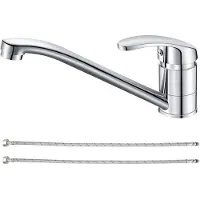 Unyqoos Robinet de cuisine en acier inoxydable à levier unique, finition chromée, bec rotatif à 360°, perlator intégré, sans plomb, tuyaux de raccordement de 60 cm, diamètre 32–38 mm