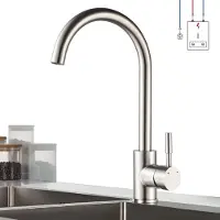 Unyqoos Robinet de cuisine en acier inoxydable, finition nickelée/chromée brossée, pivotant à 360°, sans pression, hauteur du bec de 26,2 cm, 3 tuyaux de raccordement de 500 mm