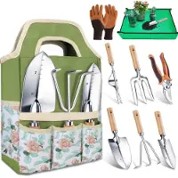 Unyqoos Ensemble d'outils de jardin composé de 9 pièces : un ensemble complet d'outils de jardin en acier inoxydable, avec des manches ergonomiques en bois et un sac de rangement pratique