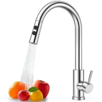 Unyqoos Robinet de cuisine extractible – bec rotatif à 360°, 2 types de jets, douchette extractible de 50 cm, acier inoxydable 304 brossé, adapté aux hautes pressions