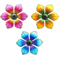 Unyqoos Décoration murale : ensemble de 3 fleurs en métal, en fer peint, rouge/jaune/bleu, auto-adhésive et résistante aux intempéries, idéale pour le salon, la chambre et le balcon