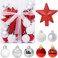Unyqoos Ensemble de 30 mini-boules de Noël rouges et blanches, diamètre 3 cm, en plastique – avec étoile rouge et rubans dorés/argentés, idéal pour les petits sapins de Noël de 30 à 90 cm