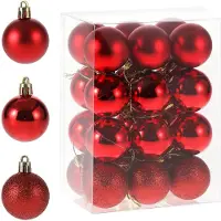Unyqoos Ensemble de 24 boules de Noël rouges , 3 motifs différents, en plastique sans éclats, légères, réutilisables, avec cordon de suspension