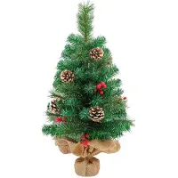 Unyqoos Mini-sapin de Noël, 60 cm – sapin de Noël artificiel compact avec 70 branches, décoré de cônes de pin et de baies rouges, et doté d'une base en lin, coton et ciment