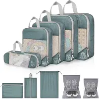 Unyqoos Ensemble de 10 organisateurs de voyage : sacs de rangement compressibles, sac à chaussures, tissu Oxford 600D, résistant à l'eau et avec des empiècements en mesh respirant