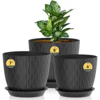 Unyqoos Ensemble de 3 pots de fleurs noirs en polypropylène avec système d'arrosage intégré, comprenant des sous-coupes – pour intérieur et extérieur