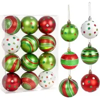 Unyqoos Ensemble de 12 boules de Noël brillantes – rouge et blanc, en plastique, avec 6 motifs différents, livrées avec des cordons de suspension et une boîte de rangement transparente