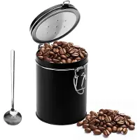 Unyqoos : Boîte à café en acier inoxydable de 1 litre - hermétique avec valve aromatique et cuillère doseuse, finition mate noire, pour grains de café, poudre et thé