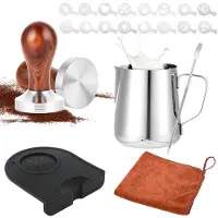 Unyqoos Ensemble de tasseur pour expresso 51 mm – Tasseur en acier inoxydable 304 avec poignée ergonomique en bois, pichet à lait de 350 ml, 16 tampons doseurs et stylo pour latte art