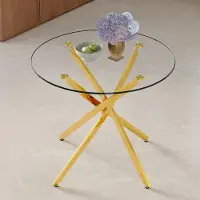 SUCCESS COURIER Table à manger ronde de 88 cm, en verre trempé, avec un piètement en métal doré, au design t épuré
