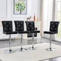 SUCCESS COURIER Lot de 4 tabourets de bar noirs réglables en hauteur, tabourets de bar vintage en similicuir gaufré croco, tabourets de bar élégants avec boutons en cristal et mécanisme de réglage