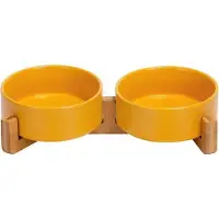 Markenlos Plateau pour chien, en céramique, double plateau-repas pour chiens, avec support en bambou, pour chiens et chats, 400 ml, jaune