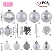 Unyqoos Ensemble de 70 décorations de Noël en plastique incassables – argent et blanc avec des accents brillants, idéal pour décorer le sapin de Noël et créer une ambiance festive