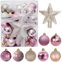 Unyqoos Ensemble de 30 mini-boules de Noël de 3 cm et d'une étoile pour le sommet du sapin, en rose doré/doré, en plastique, pour arbres de Noël jusqu'à 90 cm, avec rubans de suspension