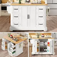 SUCCESS COURIER Îlot de cuisine sur roulettes blanc/noir – Chariot de cuisine et table de cuisine avec plan de travail aspect bois massif, polyvalent pour la cuisine, le salon et le balcon