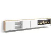 Skraut Home PULLER Meuble tv effet bois blanc et chêne 315x35x50cm cheminée effet feu XXL