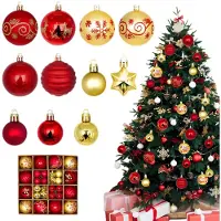 Unyqoos Ensemble de 44 boules de Noël incassables, rouge et or – en plastique, étanches, pour intérieur et extérieur, avec des boucles de suspension pré-montées et une boîte de rangement