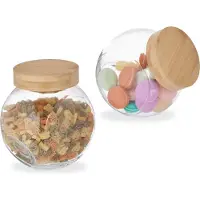 Relaxdays Bocaux à bonbons avec couvercle en bambou, lot de 2, bocaux de conservation pour bonbons, accessoires pour bar à bonbons, 1,5 l, transparent/naturel