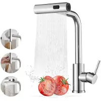 Unyqoos Robinet de cuisine extractible en acier inoxydable SUS 304 de la marque – Mitigeur à un levier avec un bec rotatif à 360°, douchette extractible et 3 types de jets (large/intensif/doux)