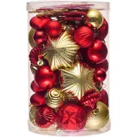 Unyqoos Ensemble de 60 boules de Noël incassables en plastique , rouge et or, avec différentes finitions, équipées d'un fil de suspension, pour une utilisation intérieure et extérieure
