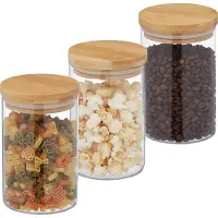 Relaxdays Bocaux de conservation avec couvercle en bambou, lot de 3, bocaux ronds en verre, 800 ml, hermétiques, transparents/naturels