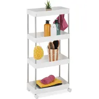 Relaxdays Meuble de rangement , 4 étages, à roulettes, avec compartiments cuisine et salle de bain, 88 x 41,5 x 23,5 cm, plastique, acier inoxydable, blanc