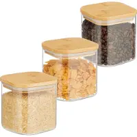 Relaxdays Bocaux de conservation avec couvercle en bambou, lot de 3, bocaux de conservation carrés en verre, 600 ml, hermétiques, transparents/naturels