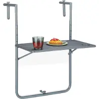 Relaxdays Table suspendue pliable pour balcon , L x P : 59,5 x 60 cm, réglable en hauteur sur 3 positions, 2 porte-boissons, table pour balustrade, gris