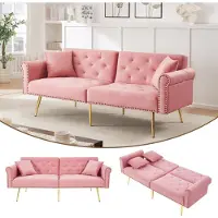 Merax Canapé-lit 2 places avec fonction couchage et dossier réglable, revêtement en velours et pieds en métal doré – Coussins et espace de rangement inclus, rose