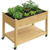 Relaxdays : jardinière surélevée, roulettes, tablette, H x L x P : 84 x 105 x 56,5 cm, jardin, balcon et terrasse, table de jardinage, bois de sapin, naturel