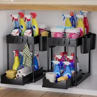 Unyqoos : Organisateur multifonctionnel pour la cuisine et la salle de bain, gain de place avec tiroirs coulissants, 4 porte-gobelets et 8 crochets, couleur noire, lot de 2