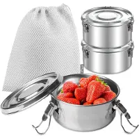 Unyqoos Ensemble de 3 boîtes repas en acier inoxydable (304) , étanches, de 10 cm de diamètre, lavables au lave-vaisselle, avec un système de fermeture sécurisé à 3 points et un joint en silicone