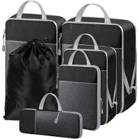 Unyqoos Ensemble de 6 organisateurs de voyage extensibles : 5 sacs de compression + 1 sac à cordon, en polyester, avec fermetures éclair et empiècements en mesh