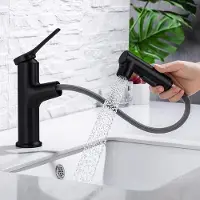 Unyqoos Robinet de lavabo noir avec douchette extractible (contre-poids), 3 fonctions d'eau, aérateur amovible, en acier inoxydable 304 et en ABS résistant à la chaleur, montage facile