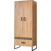 Minio , Armoire à portes battantes, Armoire "Melle" 80 cm, Panneau décoratif avec ou sans lamelles, Chêne Artisan/Noir Mat Couleur