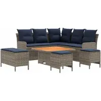 vidaXL Ensemble de mobilier avec coussins, 7 pièces, gris et bleu marine, rotin PE