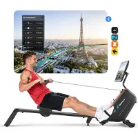 Merach Rameur d'appartement Pliable Électromagnétique ,16 Niveaux, Écran HD 21,5", Bluetooth, Silencieux, Charge 158 kg, Compatible Apps