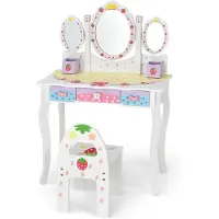 Costway Coiffeuse pour enfants, Coiffeuse princesse avec miroir pliable, tabouret de maquillage et 3 tiroirs, Coiffeuse de maquillage pour enfants filles (Blanc)