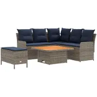 vidaXL Ensemble de mobilier avec coussins, 5 pièces, gris et bleu marine, rotin PE