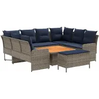 vidaXL Ensemble de mobilier avec coussins, 7 pièces, gris et bleu marine, rotin PE