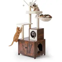 Relaxdays Arbre à chat avec meuble pour bac à litière, dimensions : 150 x 60 x 49 cm, poteaux en sisal et niche, style industriel, marron foncé/blanc