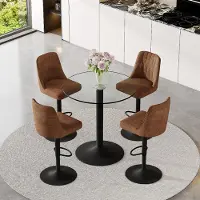 SUCCESS COURIER Ensemble de bar, table ronde en verre de 89 cm + 4 tabourets de bar pivotants, tissu technique marron, métal noir
