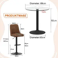 SUCCESS COURIER Lot de 2 éléments pour bar, table en verre de 89 cm, deux tabourets de bar pivotants en tissu technique marron, structure métallique noire, repose-pieds, idéal pour un bar à domicile