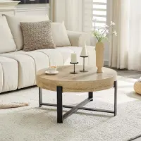 SUCCESS COURIER Table basse ronde, 68 cm de diamètre, style industriel rétro, plateau en MDF avec motif bois naturel, piètement en croix en métal noir, idéale pour les intérieurs de style wabi-sabi et industriel